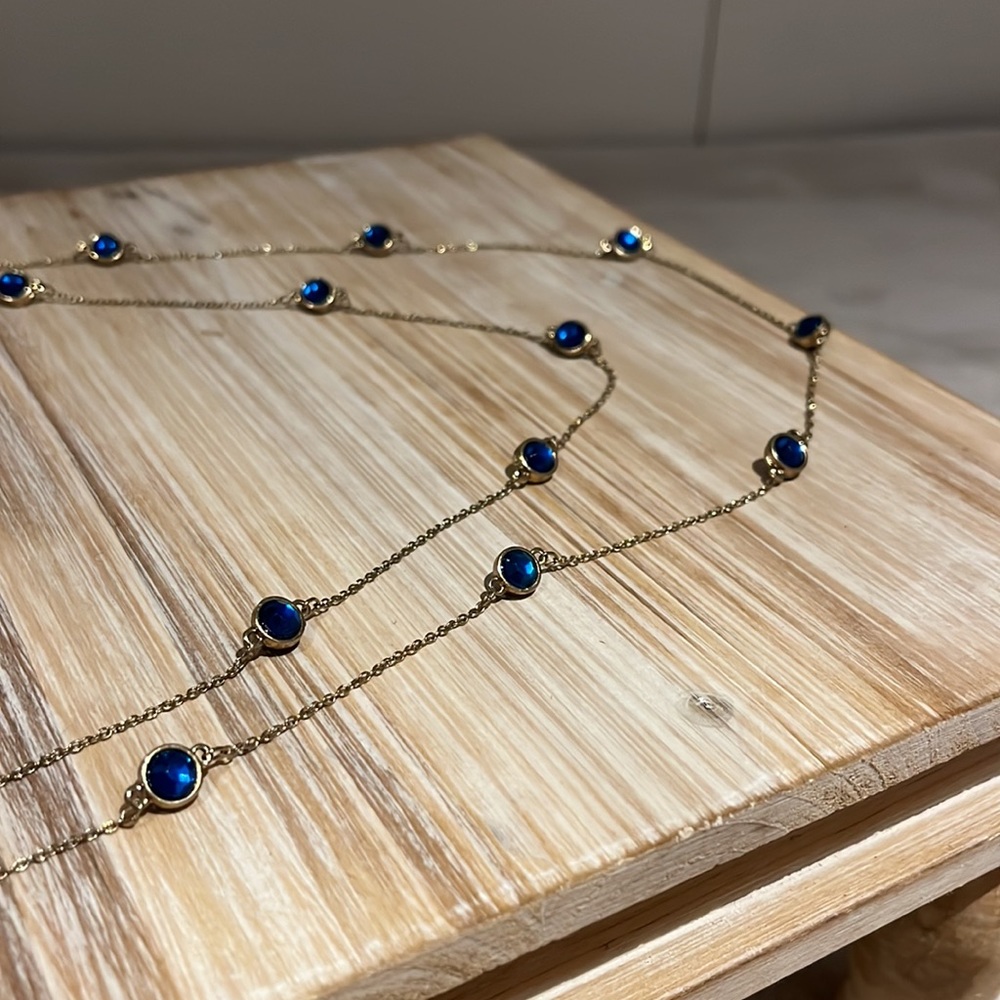 5. LIKE NEW, GOLD NECKLACE, BEAUTIFUL BLUE GEMS, APPROX. 17” LENGTH, LAYERED